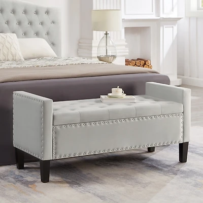Gray Upholstered Storage Bench with Armrest