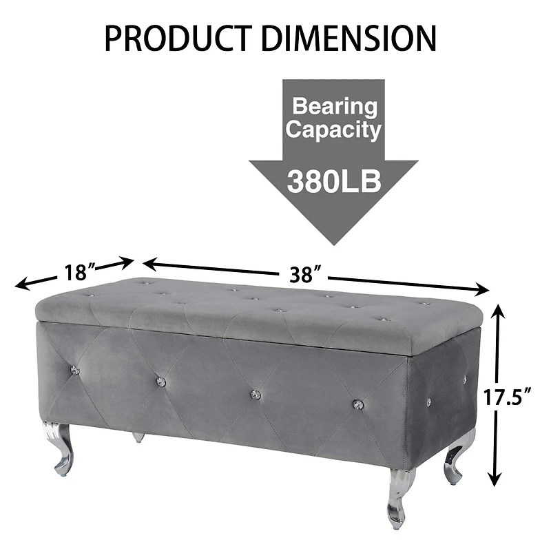 Streamdale Grey Tufted Storage Ottoman Bench With Crystal Buttons