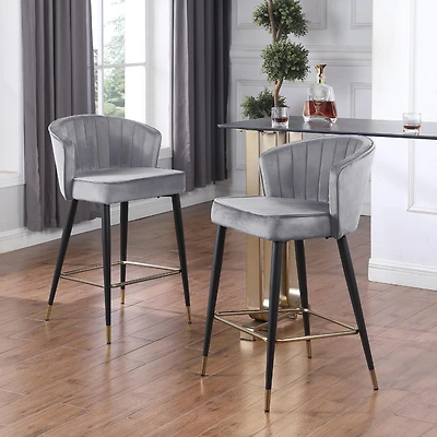Streamdale Gray Velvet Counter Height Stool with Gold Tipped Legs