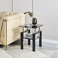 Simplie Fun 2-Piece Tempered Black Glass Sofa Table, Black Noghtstand With Metal Leg For Living Room