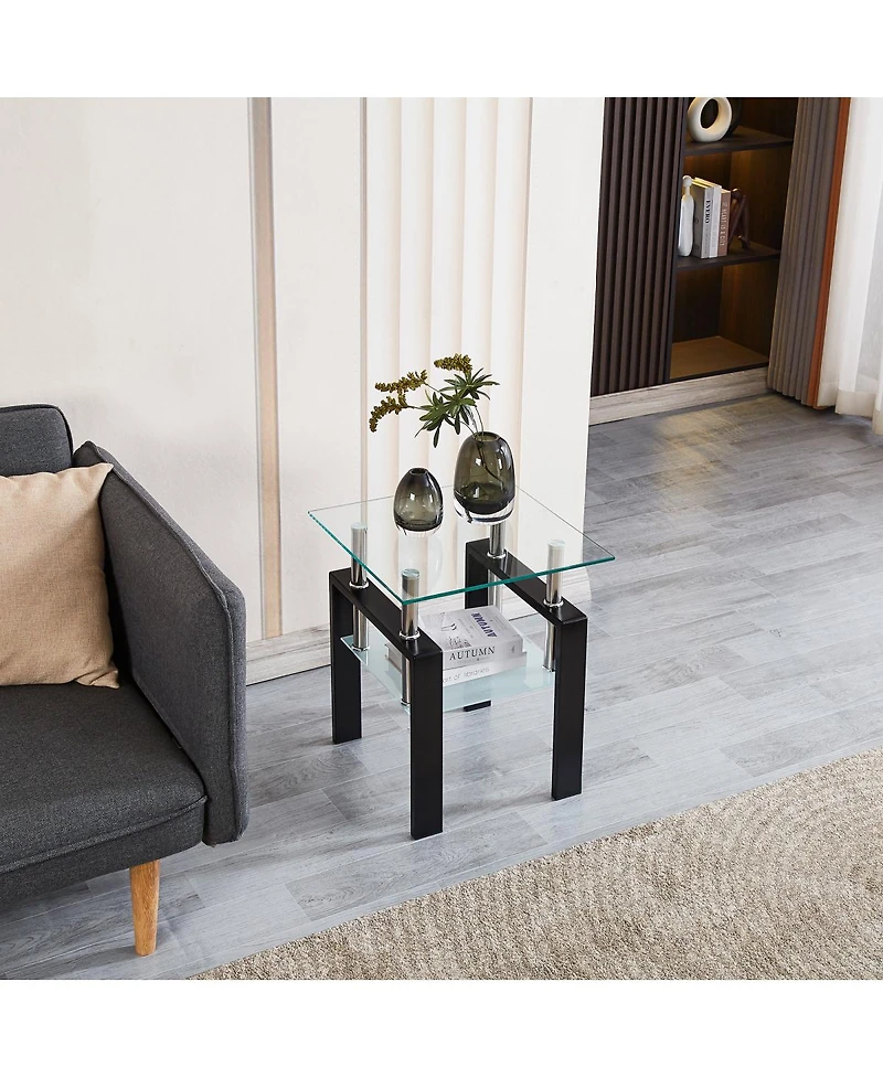 Streamdale Furniture Tempered Transparent Glass End Table, 2-Layers Small Table With Storage, Living Room Side Table
