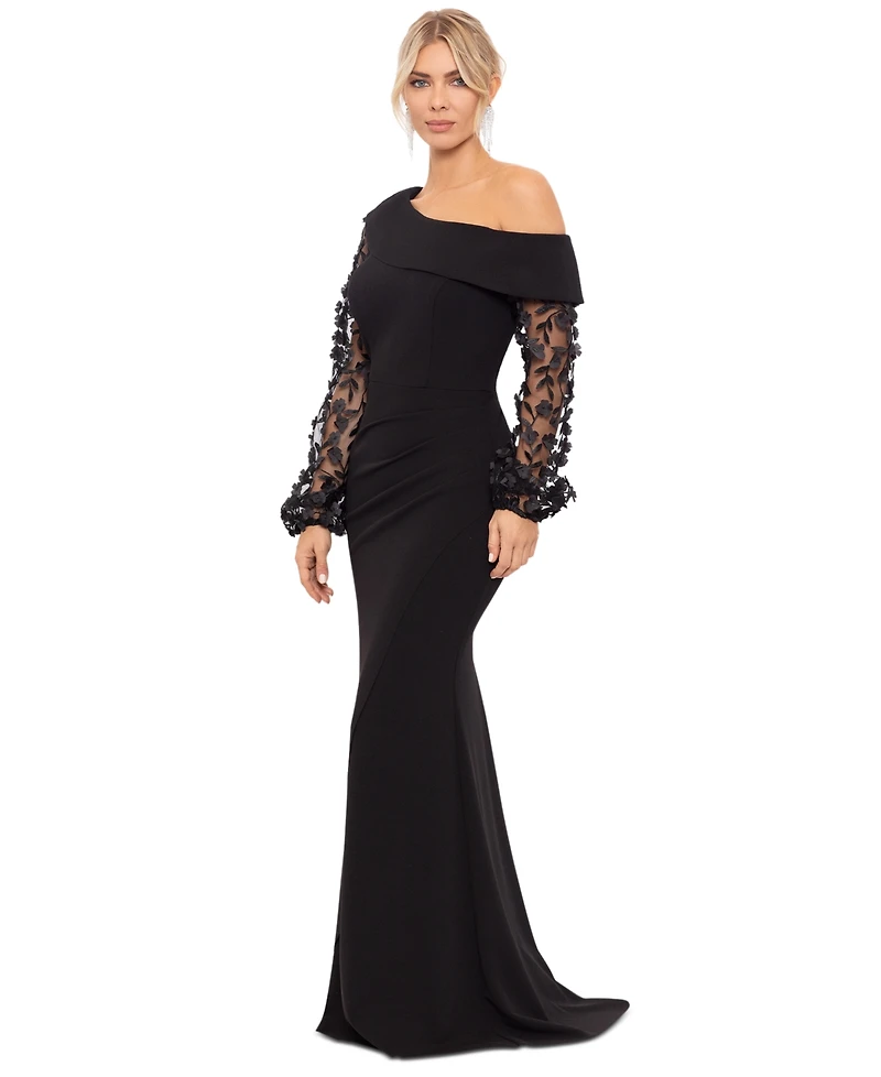 Xscape Petite Off-The-Shoulder Floral-Sleeve Gown