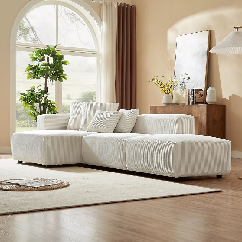 Beige Corduroy Modular Sectional Sofa Set