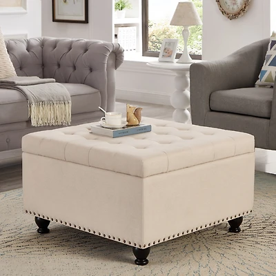 Streamdale Beige upholstered storage ottoman with wooden legs