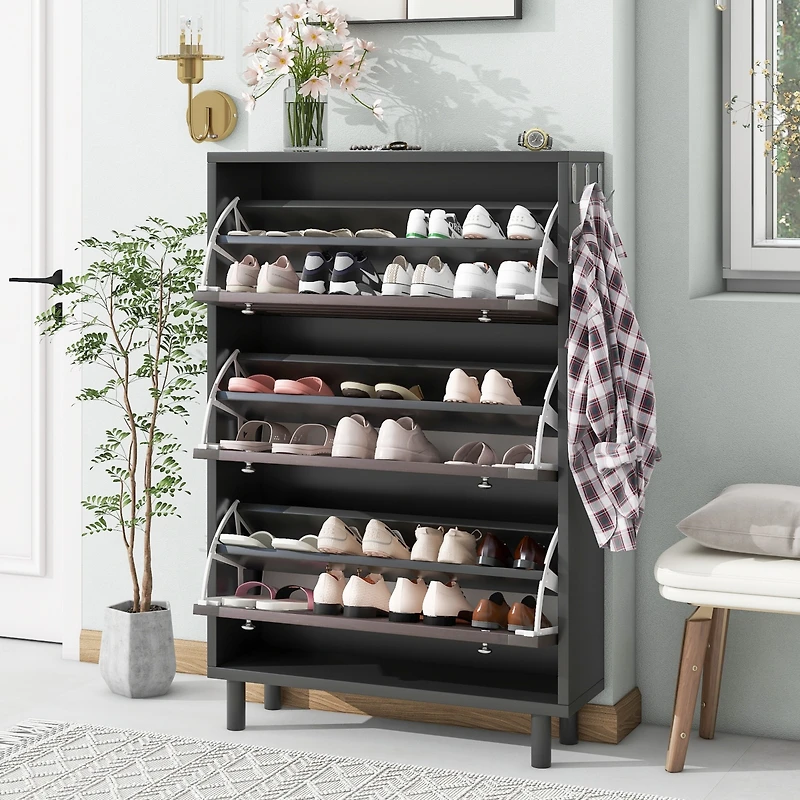 Streamdale Slim shoe cabinet with hanging hooks, drawers, and adjustable panels