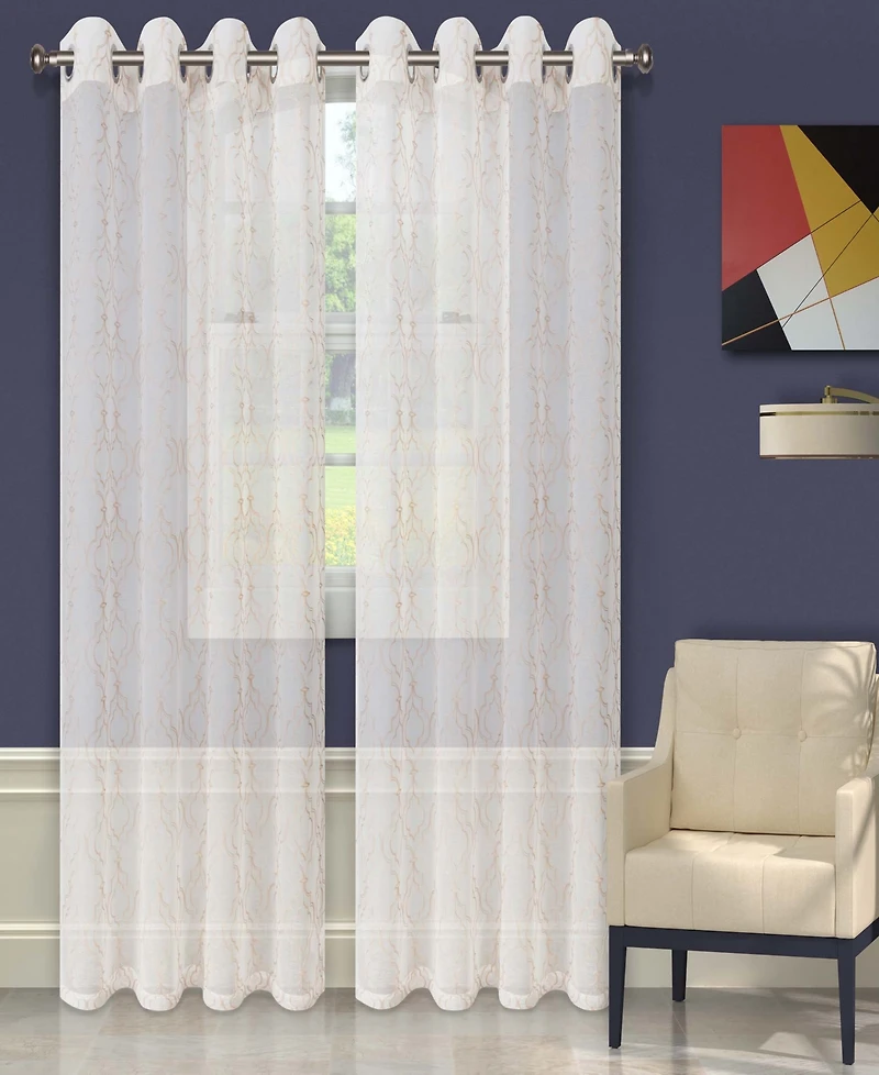 Superior Modern Embroidered Imperial Trellis Sheer 2-Piece Curtain Panel Set with Grommet Header Top