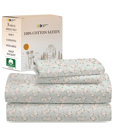 Floral Sheet Set Twin Xl, Soft 100% Cotton Sheets, Sateen, 3 Pc Deep Pocket Bedding Sheets & Pillowcase Set - Chic Floral