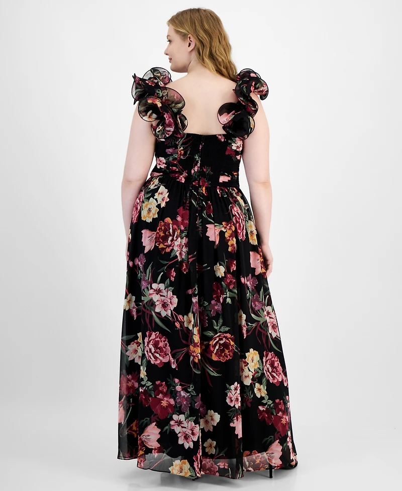 B Darlin Trendy Plus Floral-Print Ruffle-Strap Gown