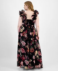 B Darlin Trendy Plus Floral-Print Ruffle-Strap Gown