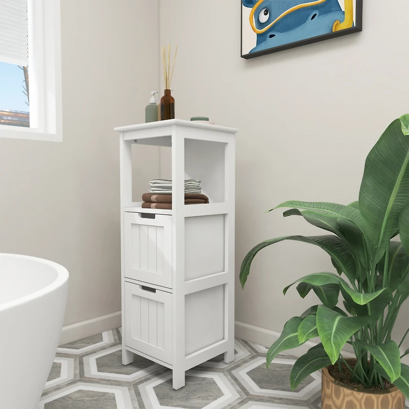 White freestanding bathroom storage cabinet