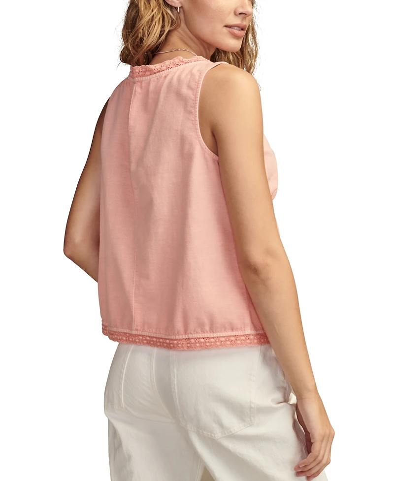 Lucky Brand Women's Flyaway Tie-Front Lace-Trim Tank Top