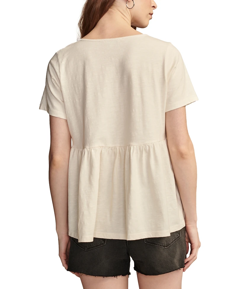 Lucky Brand Women's Cotton Embroidered Babydoll Tie-Neck Top