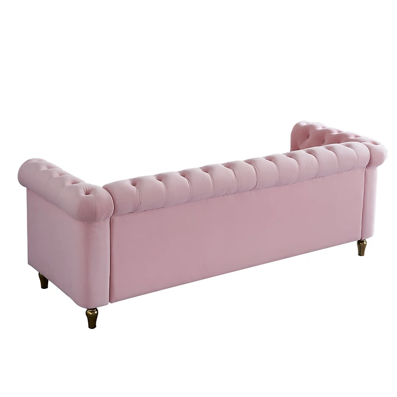 Simplie Fun Chesterfield Velvet Sofa 84.65 Inch For Living Room Pink Color