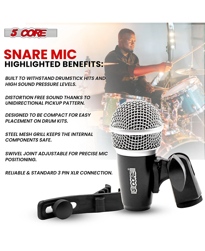 5 Core Snare Drum Microphone Uni Directional Pickup Pattern Wired Instrumental Dynamic Microfono - Snare Mic Blk