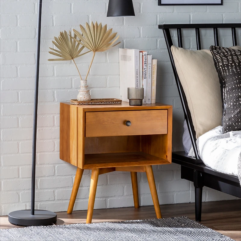 Streamdale Mid-Century Modern Single-Drawer Solid Wood Nightstand - Caramel