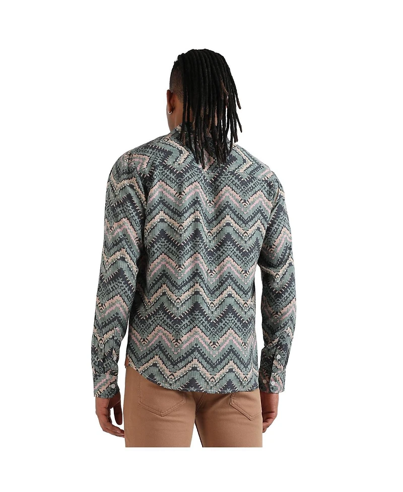 Campus Sutra Men's EcoLiva Olive Green Abstract Zig Zag Shirt
