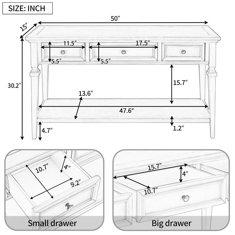 Simplie Fun Classic Retro Style Console Table With Three Top Drawers And Open Bottom Shelf