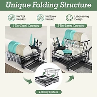 2-Tier Collapsible Expandable Dish Rack with Swivel Drain Spout and Rust-Resistant Stainless Steel Frame