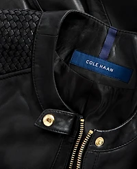 Cole Haan Women's Woven-Shoulder Zip-Front Leather Coat