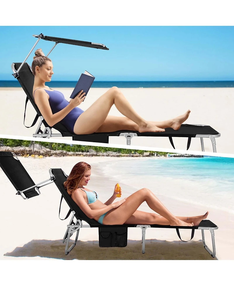 Costway 2 Pcs Foldable Sun Shading Lounge Chair Adjustable Beach Sunbathing Recliner