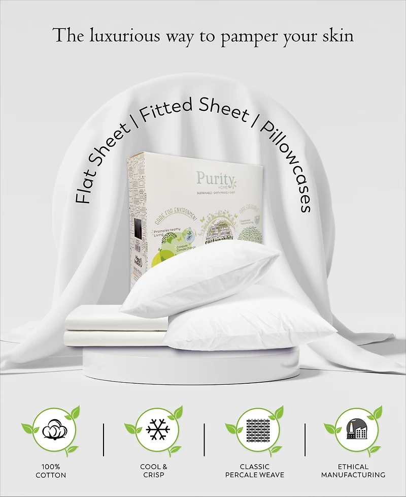 Purity Home 400 Thread Count Cotton Percale -Pc. Sheet Set