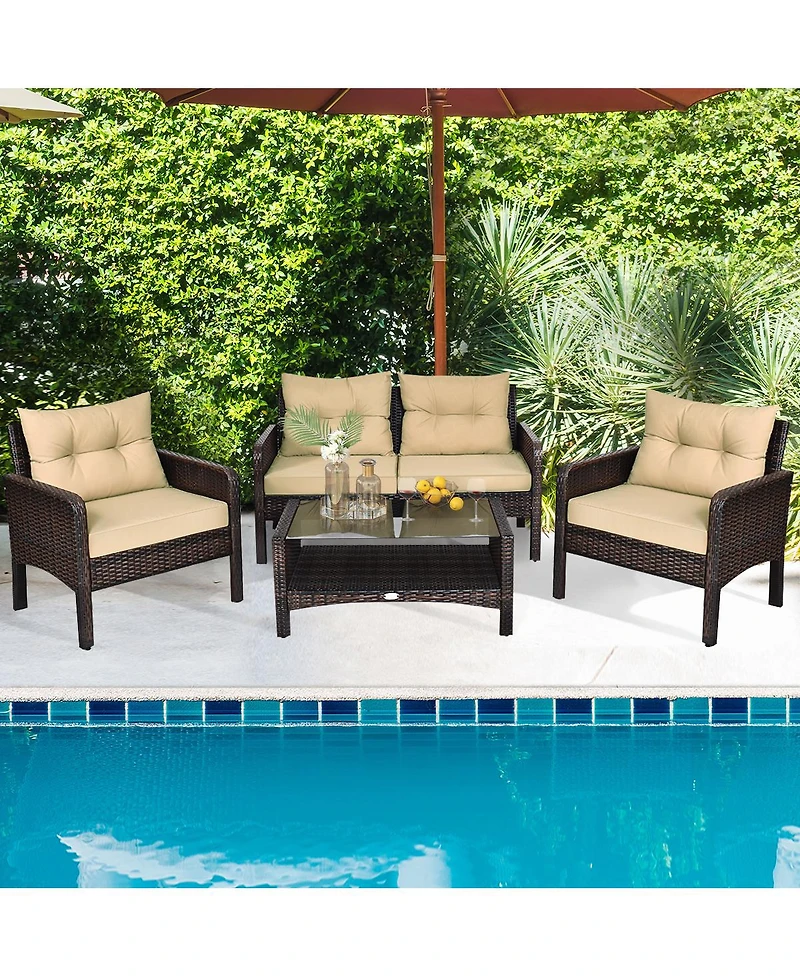 Gymax 4PCS Rattan Wicker Patio Conversation Set Cushioned Outdoor Furniture Set