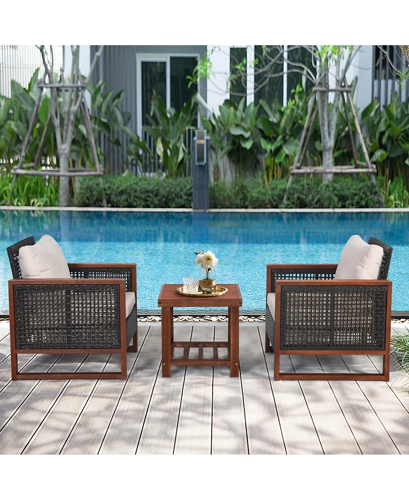 Gymax 3PCS Rattan Wicker Patio Conversation Set Outdoor Furniture Set w/ Cushion