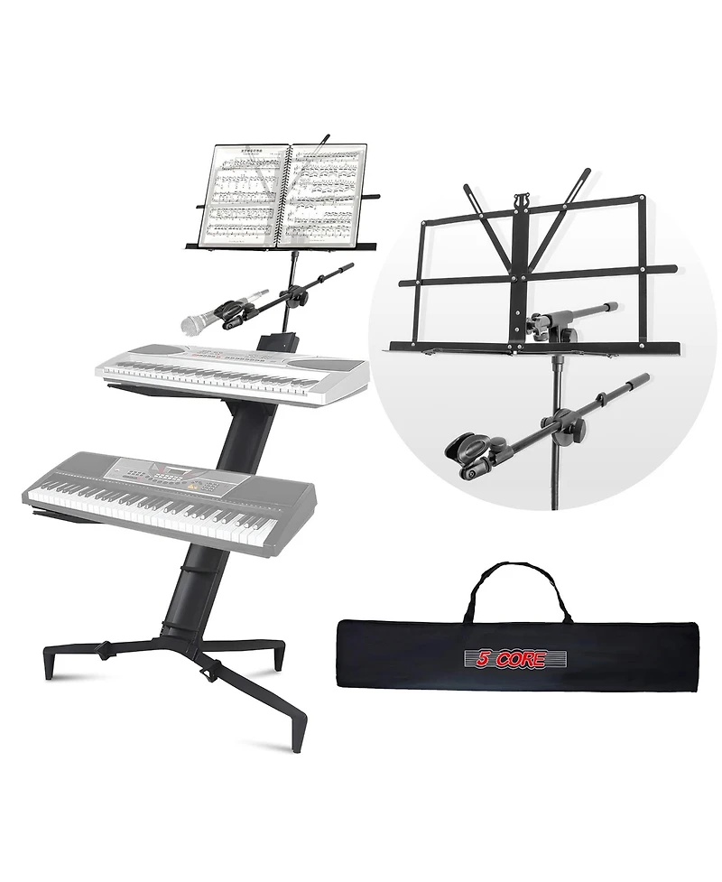 5 Core 2 Tier Column Keyboard Stand Riser Piano Holder Heavy Duty Aluminium Built Attached Adjustable Music & Mic Stands Height 51.2 Inch for 61 76 88