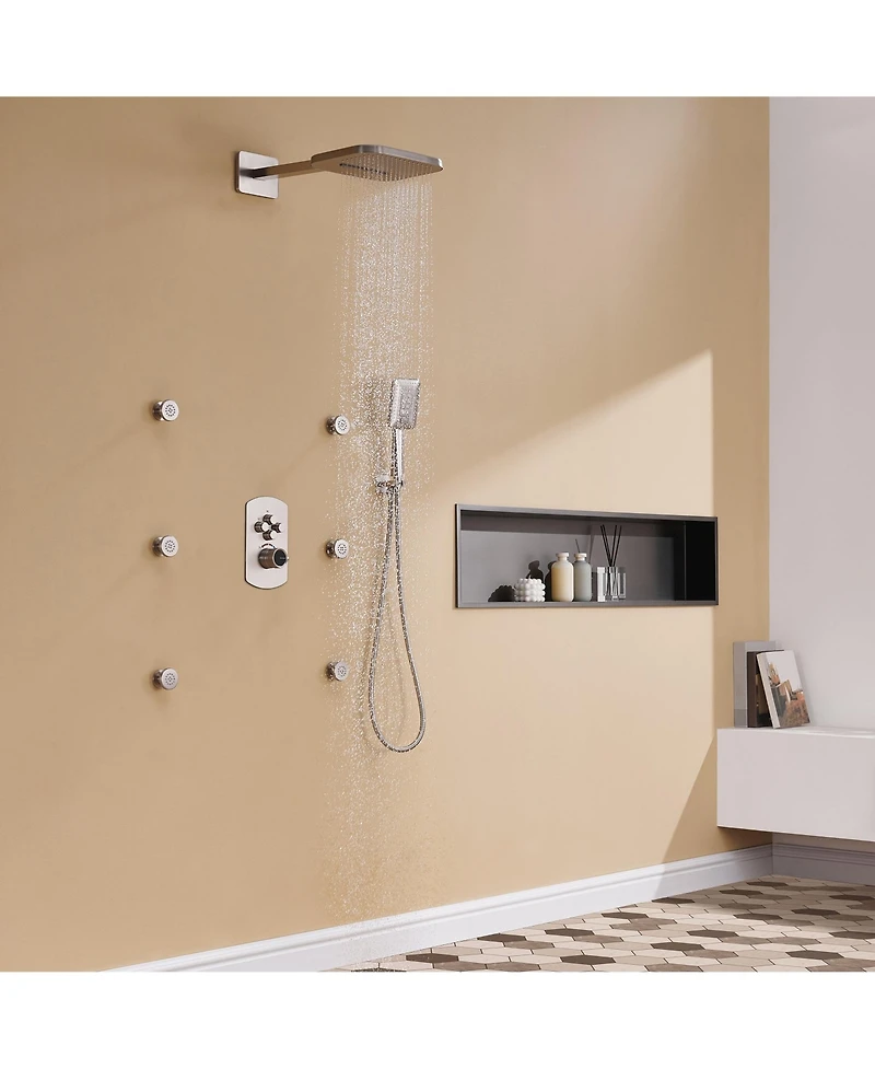 Mondawe Pressure Balanced 3 Functions 6 Sprays 22 Inch Wall Mounted Shower System with Body Jets and Rough-in Valve Brushed Nickel