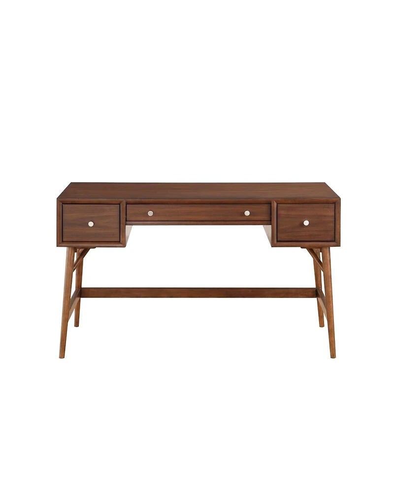 Brown Finish Stylish Writing Desk Storage Drawers Nickel Knob Hardware Walnut Veneer Wood Furniture