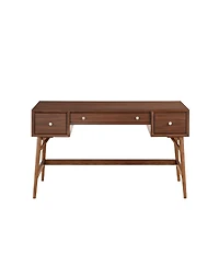 Brown Finish Stylish Writing Desk Storage Drawers Nickel Knob Hardware Walnut Veneer Wood Furniture