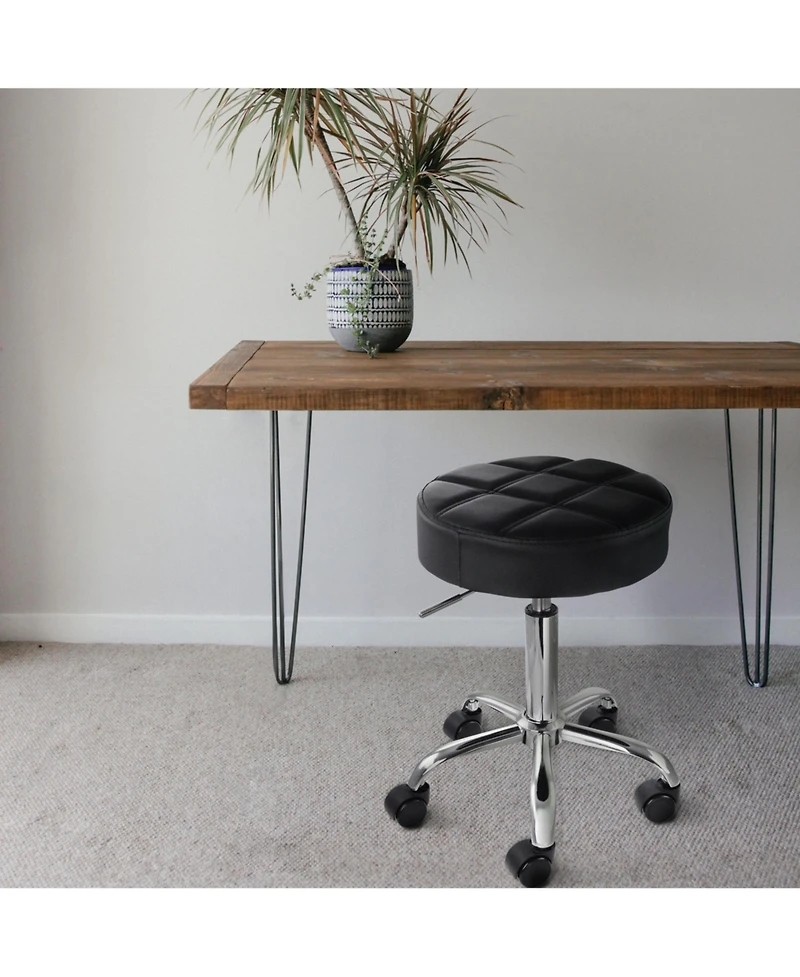 Elama Faux Leather Adjustable Backless Rolling Stool in Black with Chrome Base