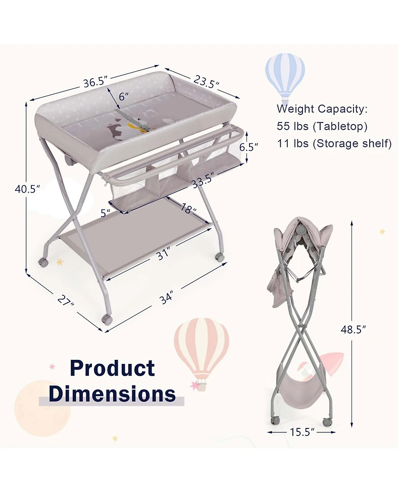 Costway Baby Changing Table Folding Diaper Changing Station w/ Safety Belt & Wheels