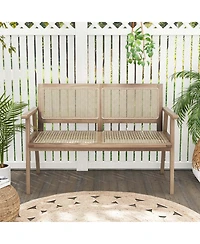 Costway Teak Wood Garden Bench 2-Person Bench with Armrests, Rattan Backrest & Seat