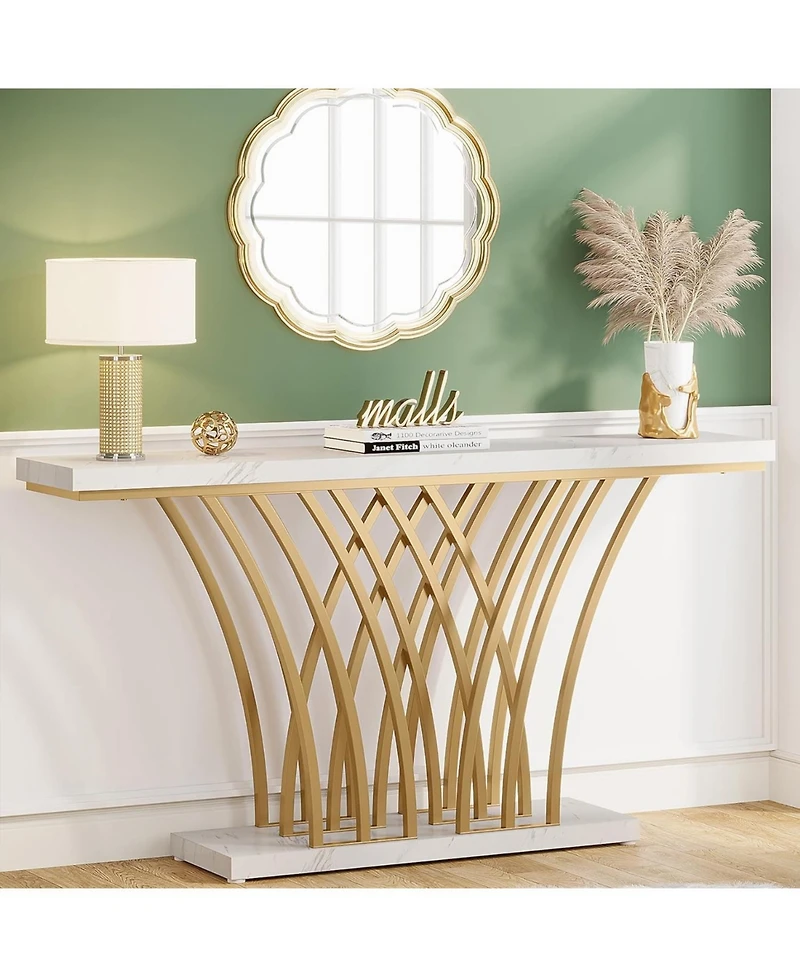 Tribesigns 59.06 inch Gold Console Table, Modern Entryway Table with Grid-Shaped Metal Base for Entrance, Hallway, Entryway, Living Room(White Faux Ma