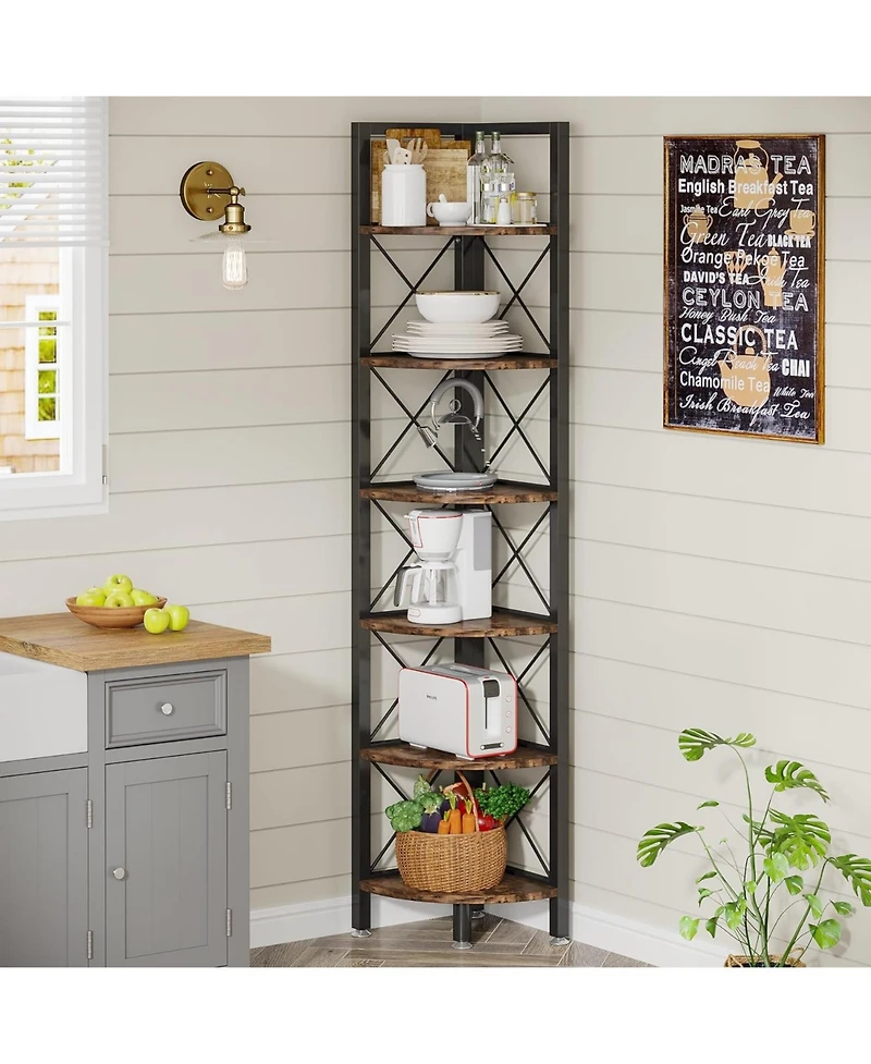 Tribesigns 6 Tier Corner Shelf, Rustic Corner Bookshelf Small Bookcase Corner Storage Rack Plant Stand for Living Room, Home Office, Kitchen, Small Sp