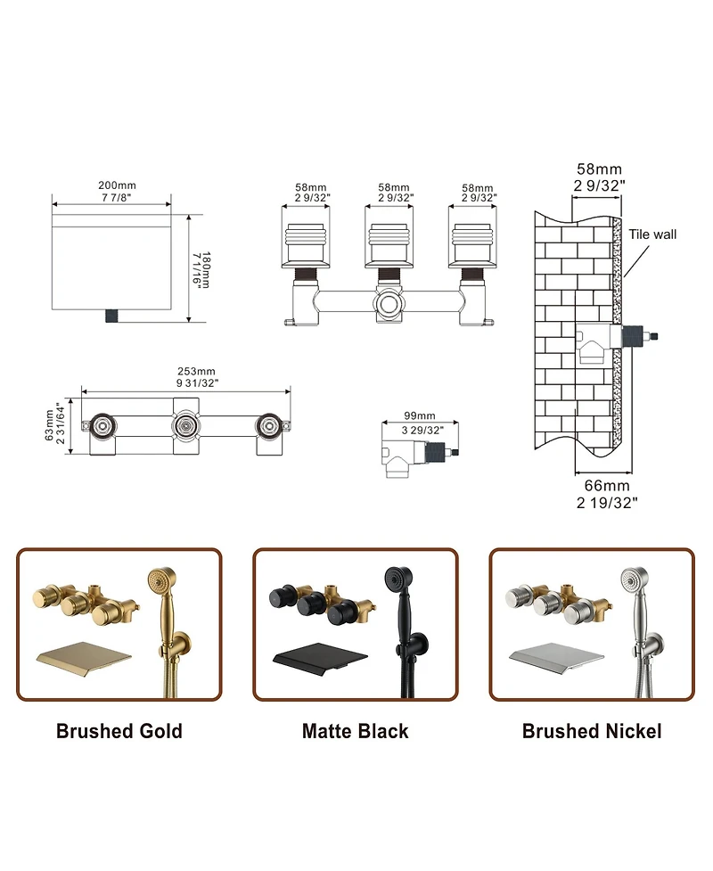 Mondawe 3-Handle Waterfall Wide-Spray High Pressure Tub and Shower Faucet Matte Black With Valve