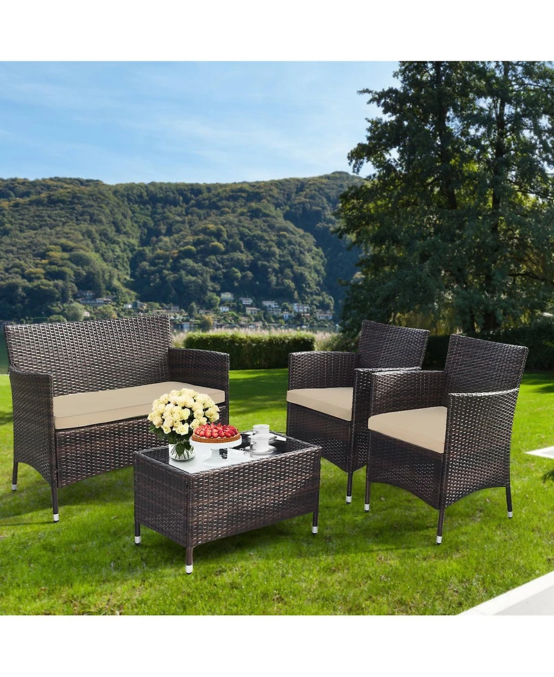 Gymax 4PCS Patio Rattan Conversation Furniture Set Outdoor w/ Cushion