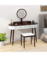 Solid Wood Makeup Vanity Desk Set with Led Lighted Mirror Drawers Cushioned Stool