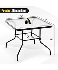 34 Inch Outdoor Dining Table Square Tempered Glass Table with 1.5" Umbrella Hole