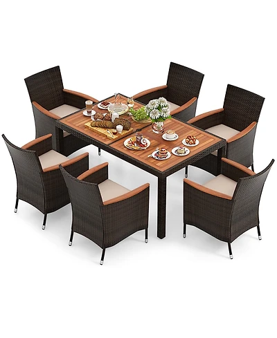 7 Pieces Outdoor Wicker Dining Set with Acacia Wood Table and 6 Stackable Chairs