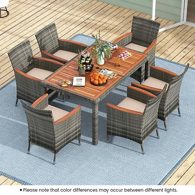 7 Pieces Outdoor Wicker Dining Set with Acacia Wood Table and 6 Armchairs