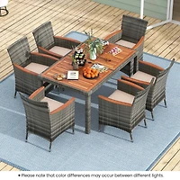 7 Pieces Outdoor Wicker Dining Set with Acacia Wood Table and 6 Armchairs