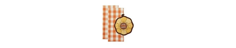 Design Imports Fall Kitchen Decor Collection Dish Towel Potholder Hostess Gift Set, Sunflowers/Orange Buffalo Check, 3 Piece