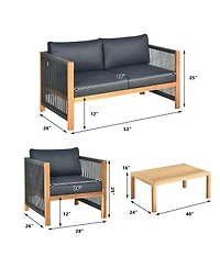 Gymax 4PCS Acacia Wood Outdoor Patio Furniture Set Cushioned Sofa W/Nylon Rope Armrest
