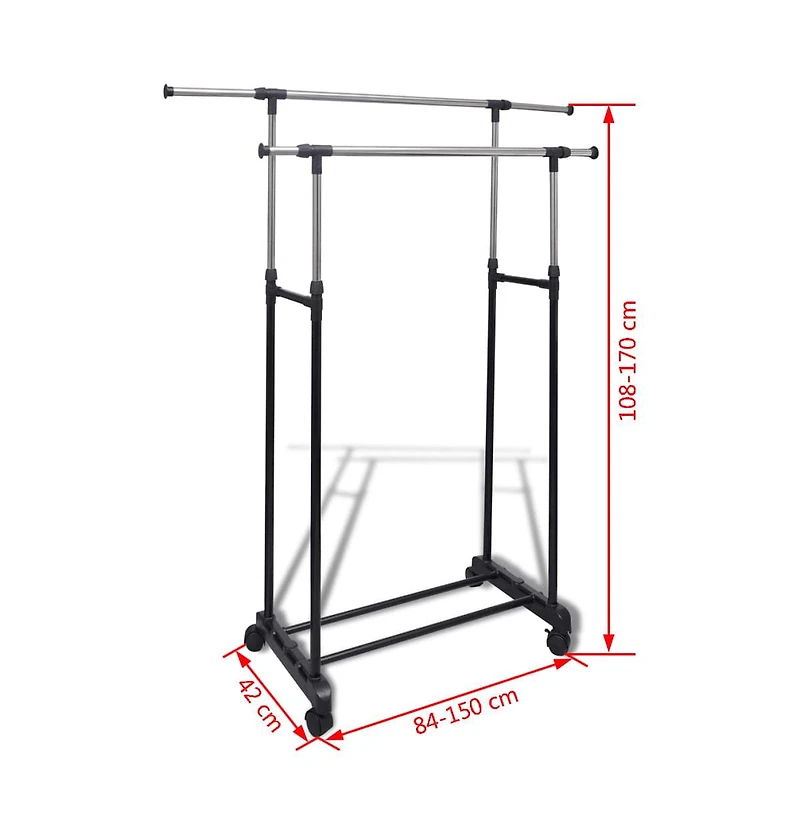 vidaXL Adjustable Clothes Rack 4 Castors 2 Hanging Rails