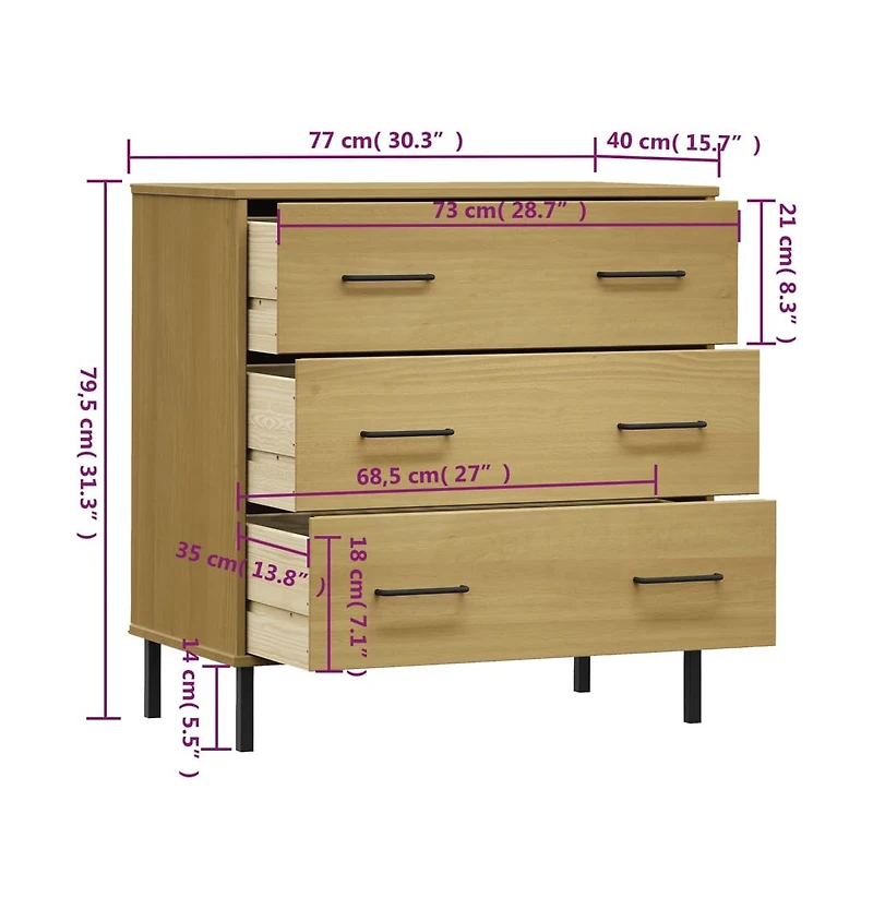 Sideboard with 3 Drawers Brown 30.3"x15.7"x31.3" Solid Wood Oslo