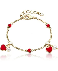 GiGiGirl 14k Yellow Gold Plated with Red Enamel Heart and pearl Dangle Charm Bracelet for Toddler/Kids