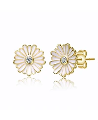 GiGiGirl Teens 14k Yellow Gold Plated with Cubic Zirconia White Enamel Blooming Daisy Flower Stud Earrings