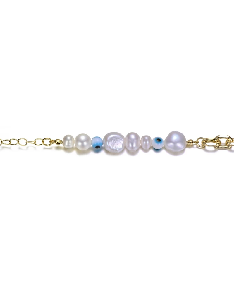 GiGiGirl 14k Yellow Gold Plated Bracelet with Freshwater Pearls, Eye Pattern Beads, and Cable Chain for Kids